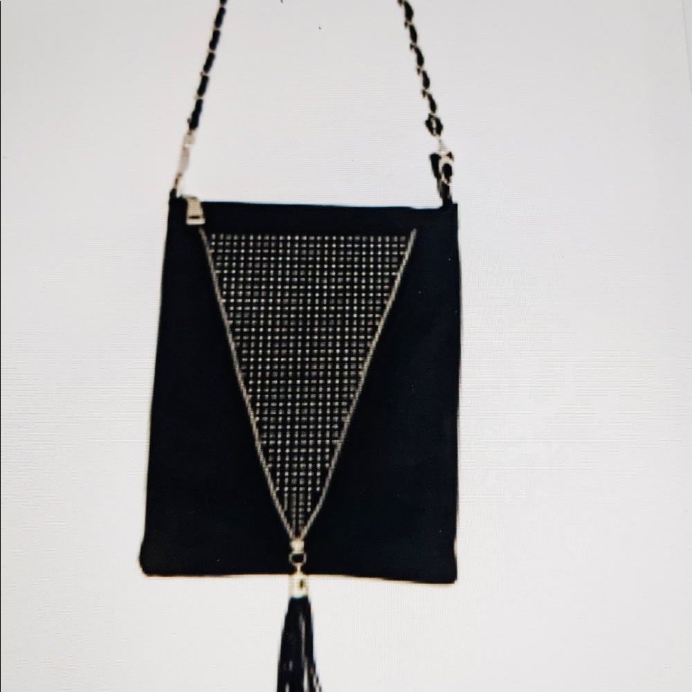 LIONEL Crossbody Black Vegan Leather Woven Chain Rope Studs Zip Tassel NWOT